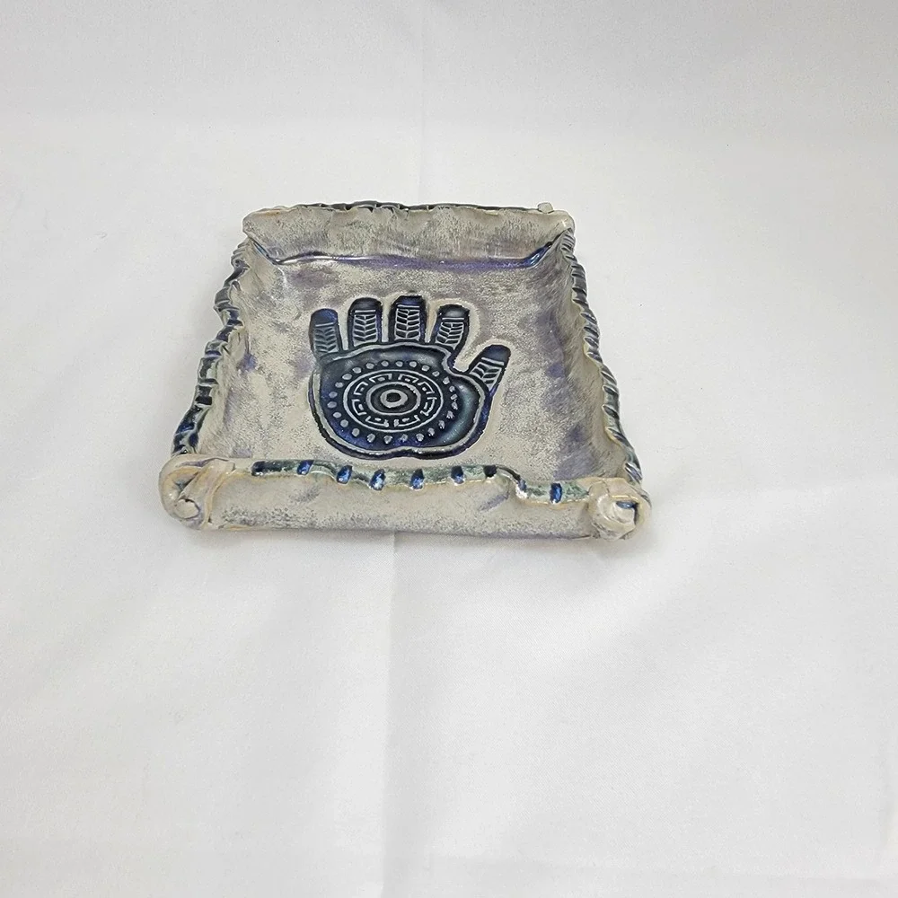 Artist Signed Healing Hand Hamsa Trinket Tray  Blue  Ceramic Pottery